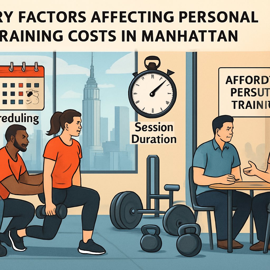 A personal trainer working with a client in a gym with Manhattan skyline visible through large windows, showing fitness equipment and a consultation area.