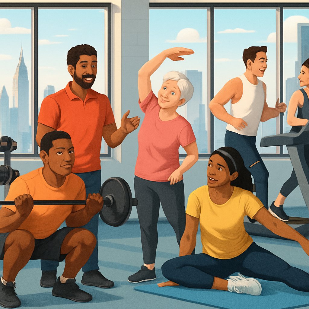 People working out with a personal trainer in a gym with a view of Manhattan skyscrapers.