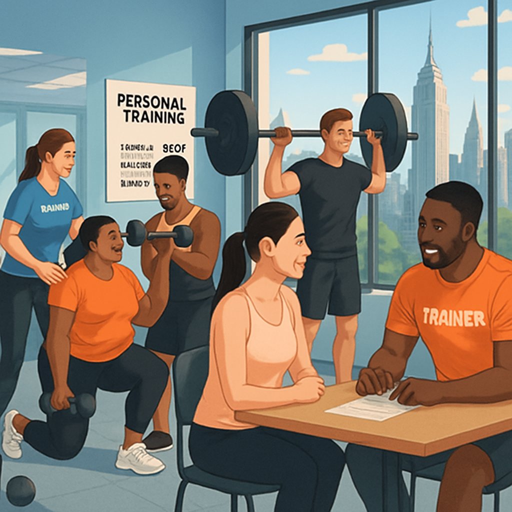 People working out with personal trainers in a gym with a view of the Manhattan skyline.