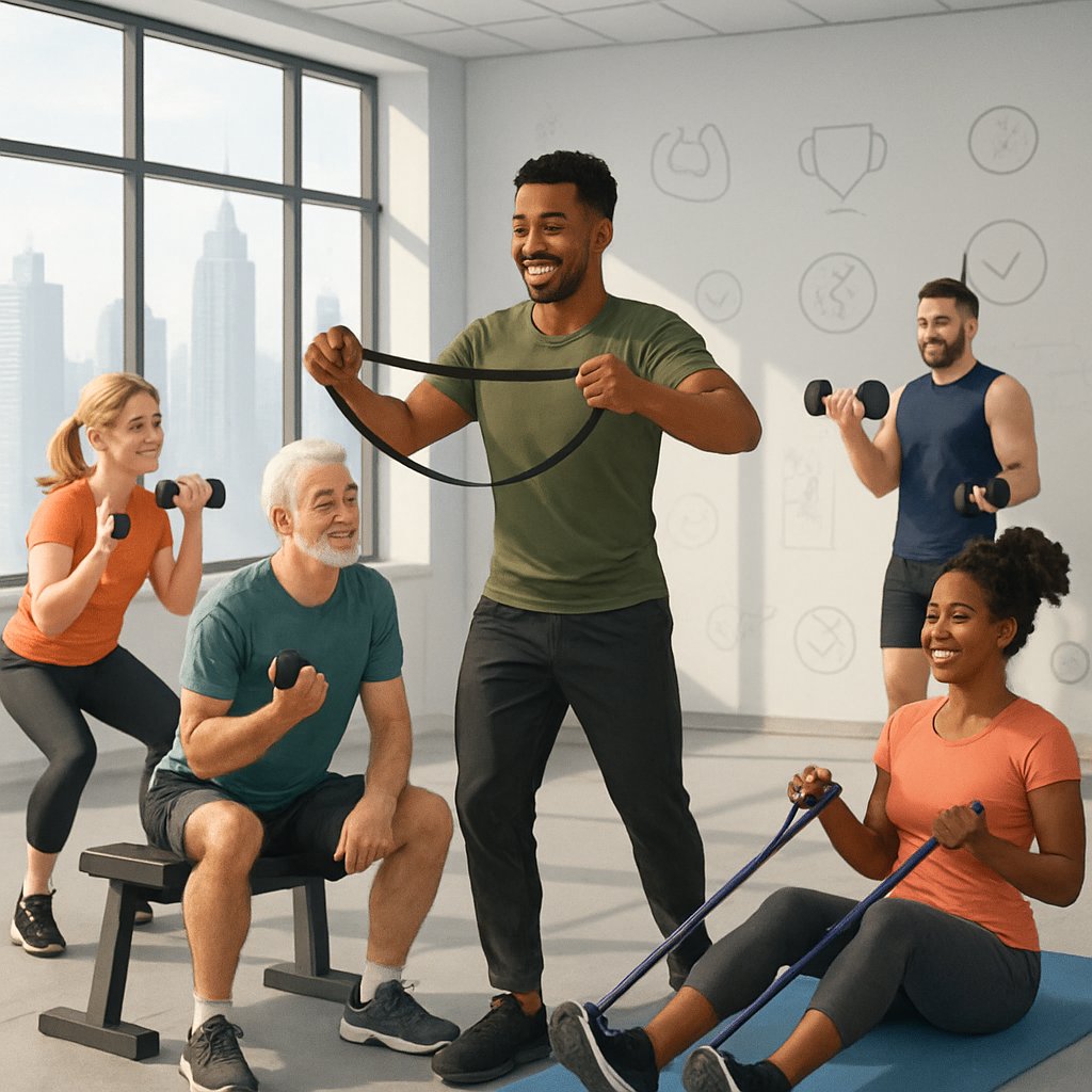 A personal trainer guiding a diverse group of people exercising together in a bright gym with a city skyline visible through large windows.