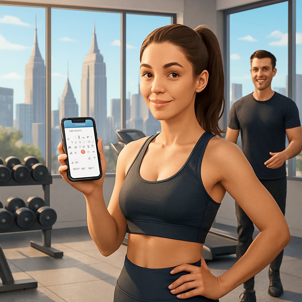 A young woman in workout clothes holding a smartphone in a gym with exercise equipment and Manhattan skyscrapers visible through large windows, while a personal trainer approaches her.