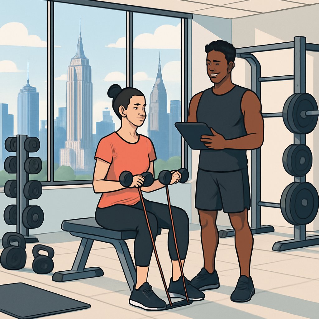 A personal trainer guiding a client through an exercise in a gym with large windows showing the Manhattan skyline.