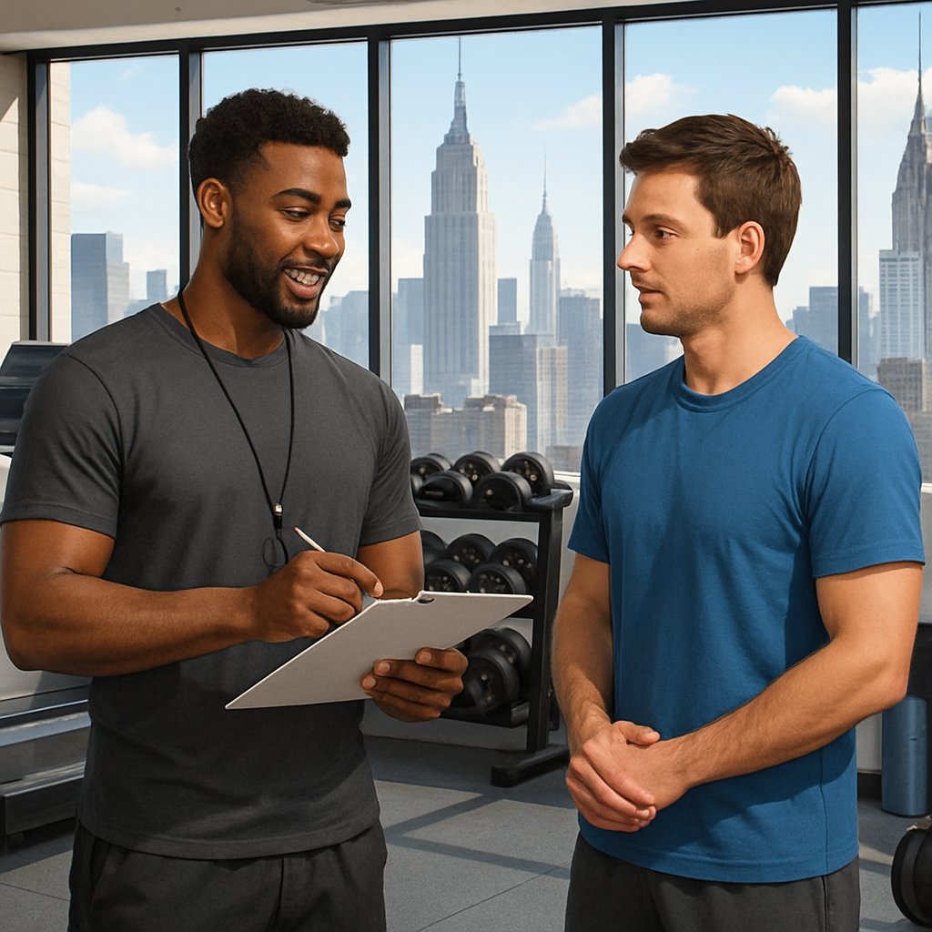 A personal trainer consulting with a client in a gym with Manhattan skyscrapers visible through large windows.