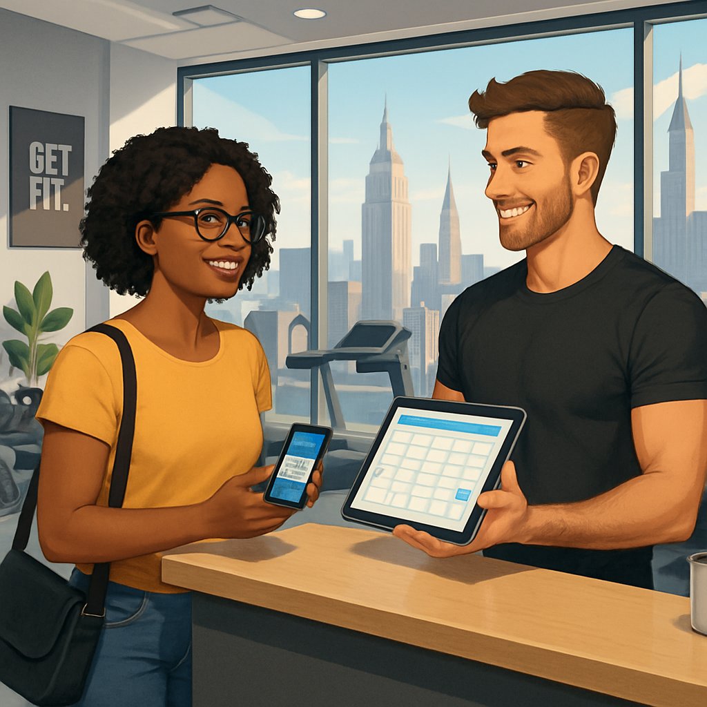 A person booking a personal training session at a gym reception with a trainer, with Manhattan skyline visible through large windows.