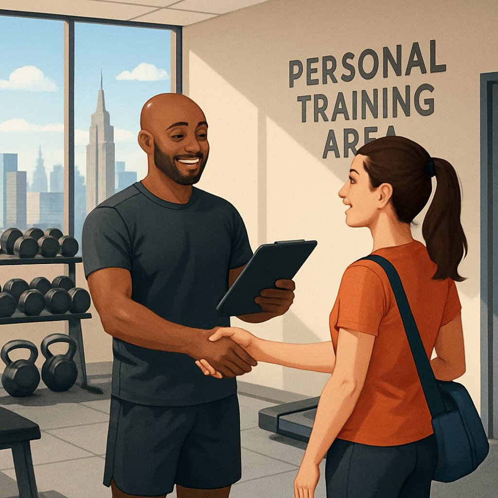 A personal trainer welcoming a new client inside a gym with Manhattan skyline visible through the windows.