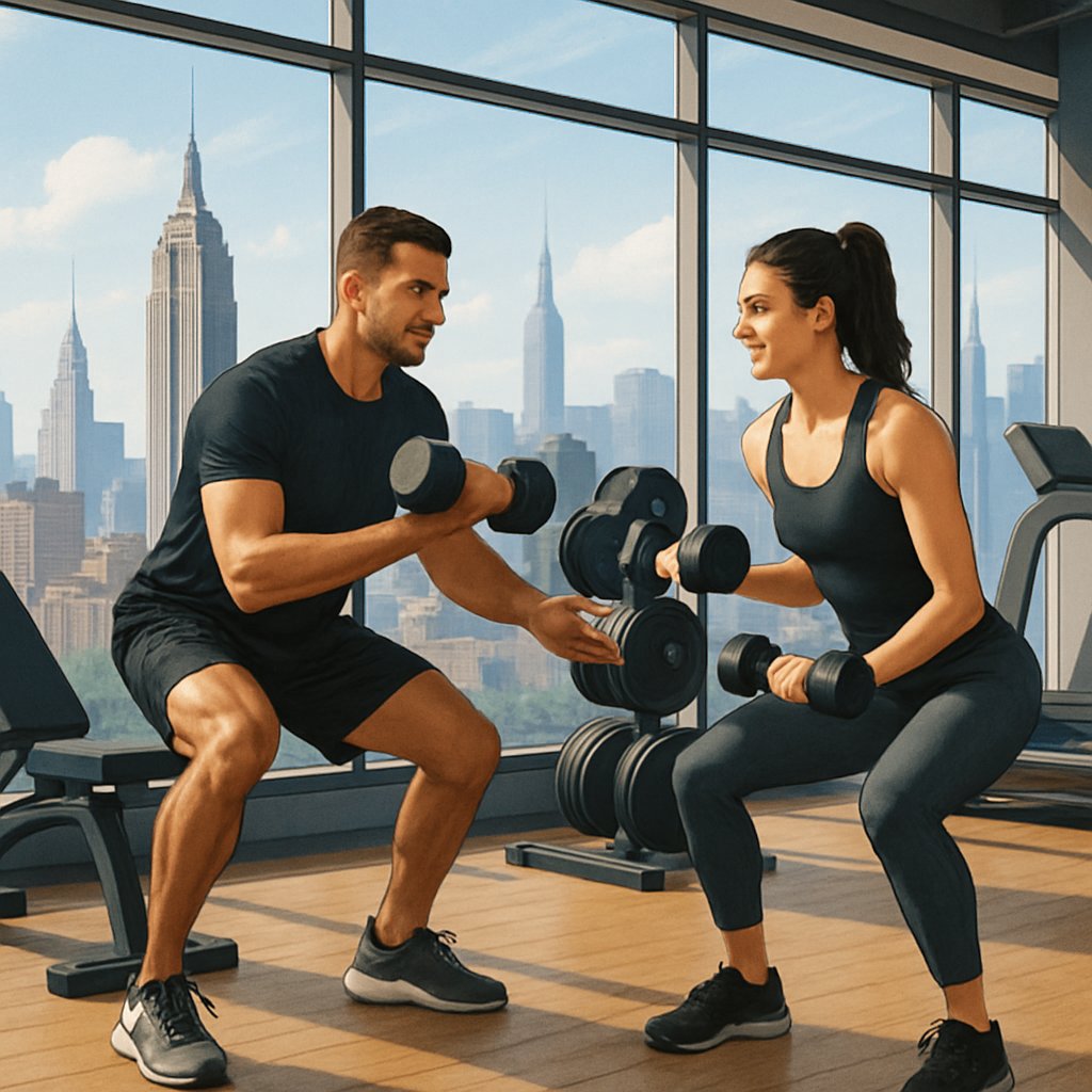 A personal trainer guiding a client through exercises in a gym with large windows showing the Manhattan skyline.