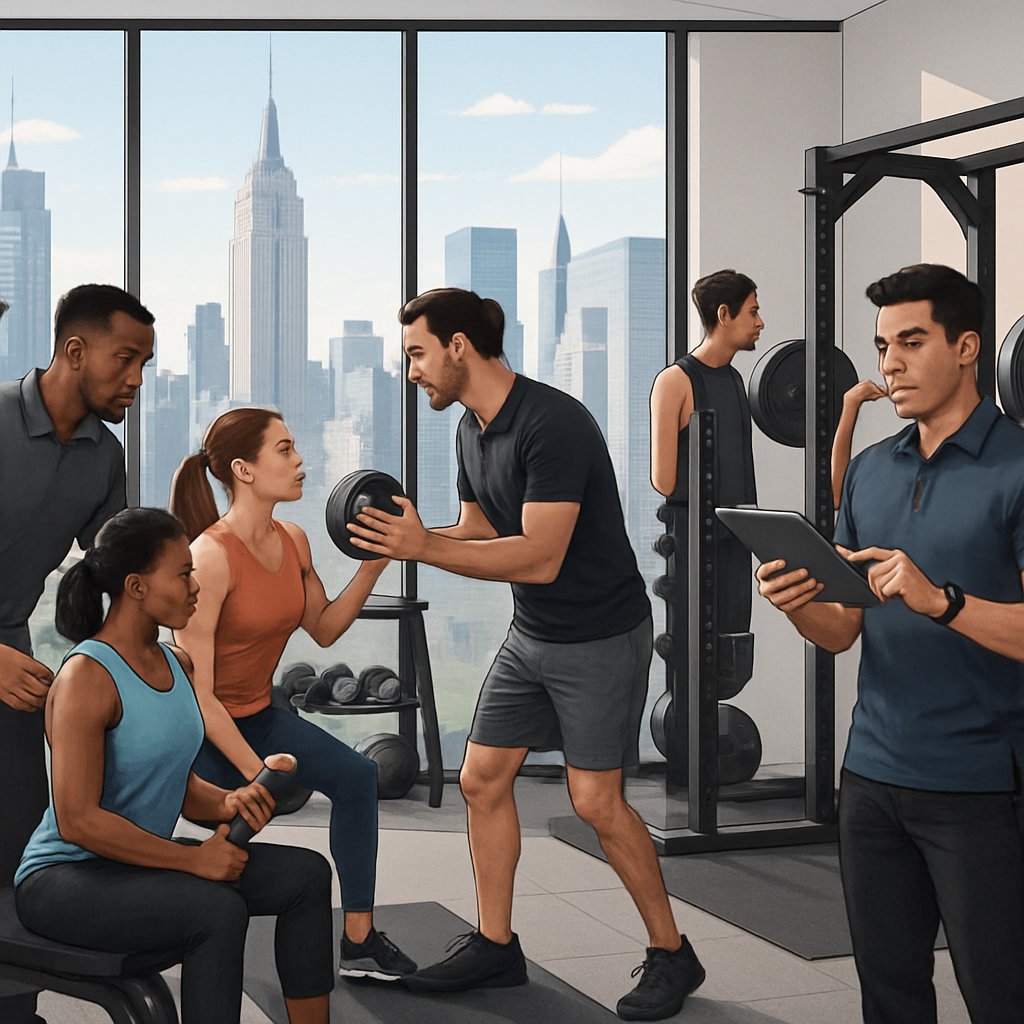 A personal training studio with trainers assisting clients in workouts, large windows showing Manhattan skyscrapers in the background.