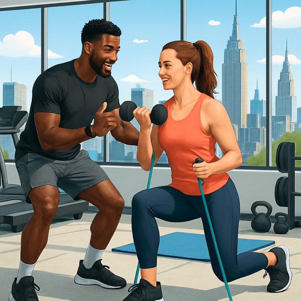 A personal trainer assisting a client with exercises in a gym overlooking Manhattan skyscrapers.