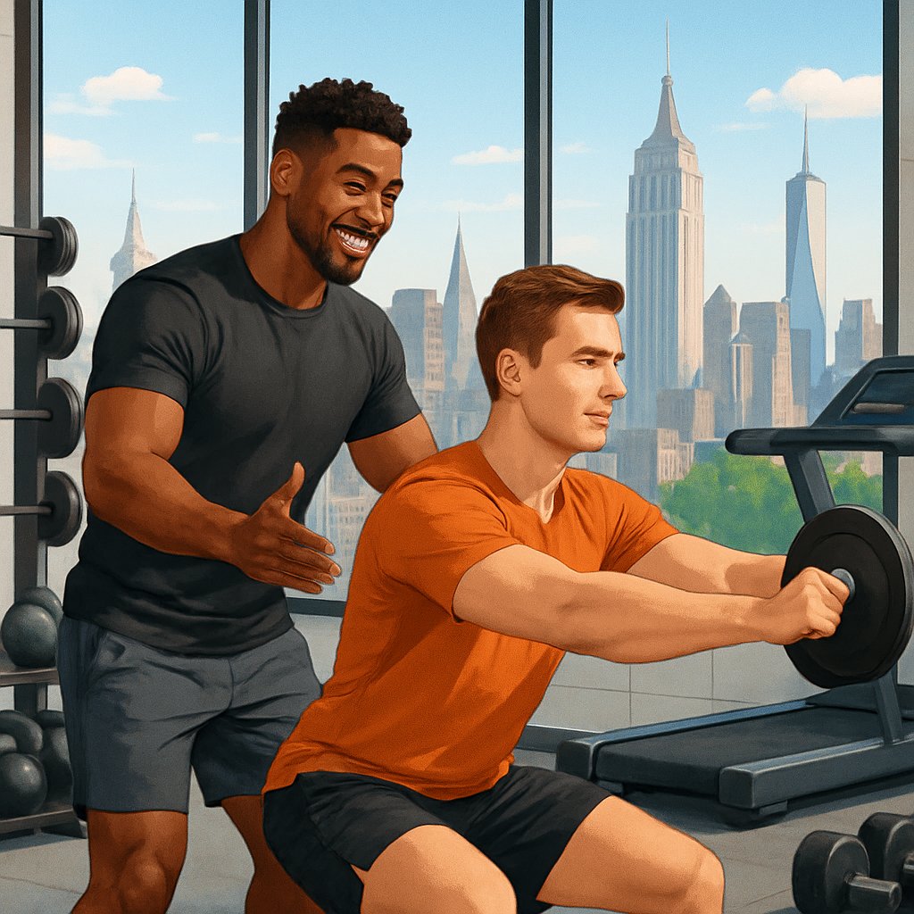 A personal trainer assisting a client with exercise in a gym overlooking Manhattan skyscrapers.