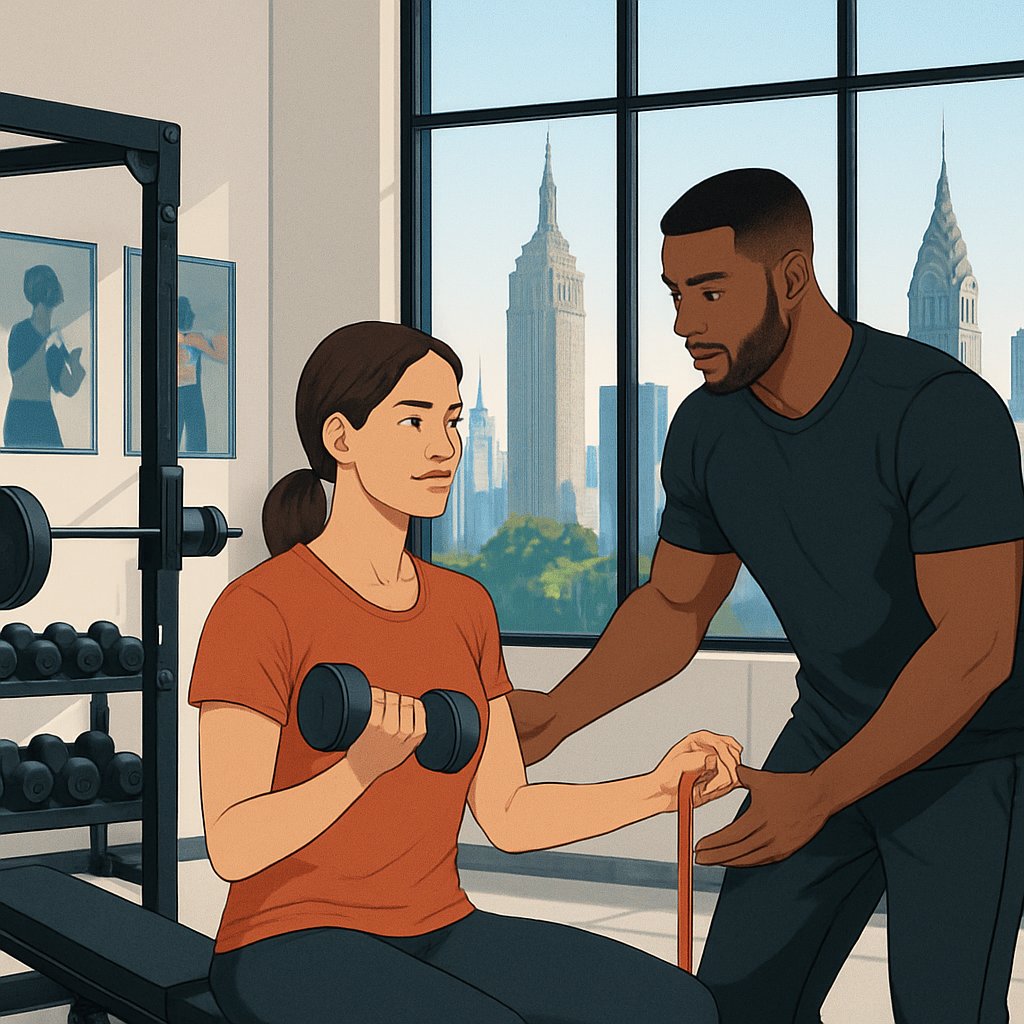 A personal trainer helping a client exercise in a gym with a view of Manhattan skyscrapers outside the windows.