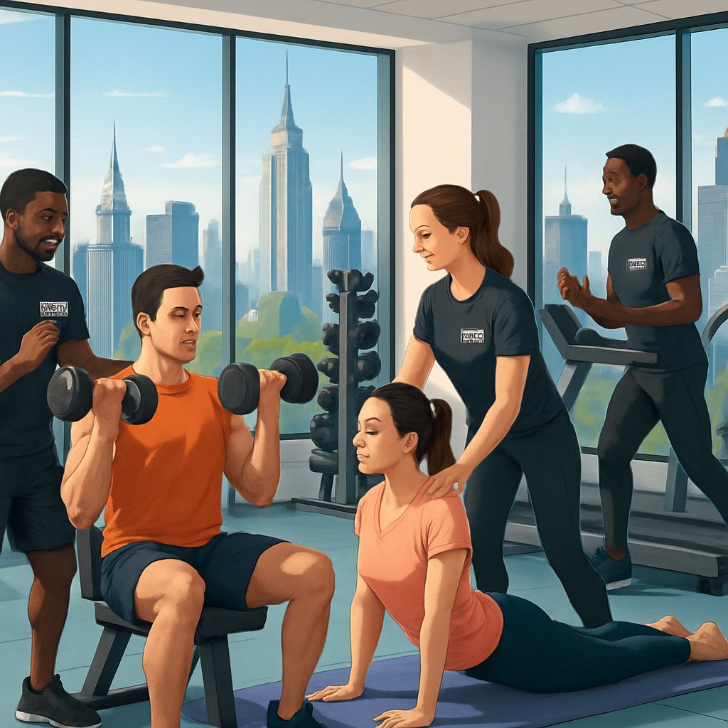 A gym in Manhattan with personal trainers helping diverse clients with weightlifting, yoga, and treadmill exercises, with city skyscrapers visible through large windows.