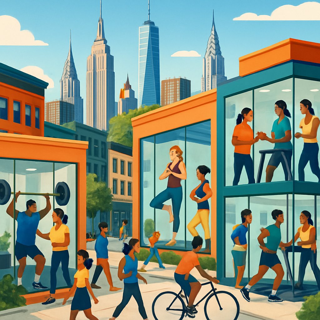 A busy Manhattan street with fitness studios showing people working out and personal trainers assisting clients.