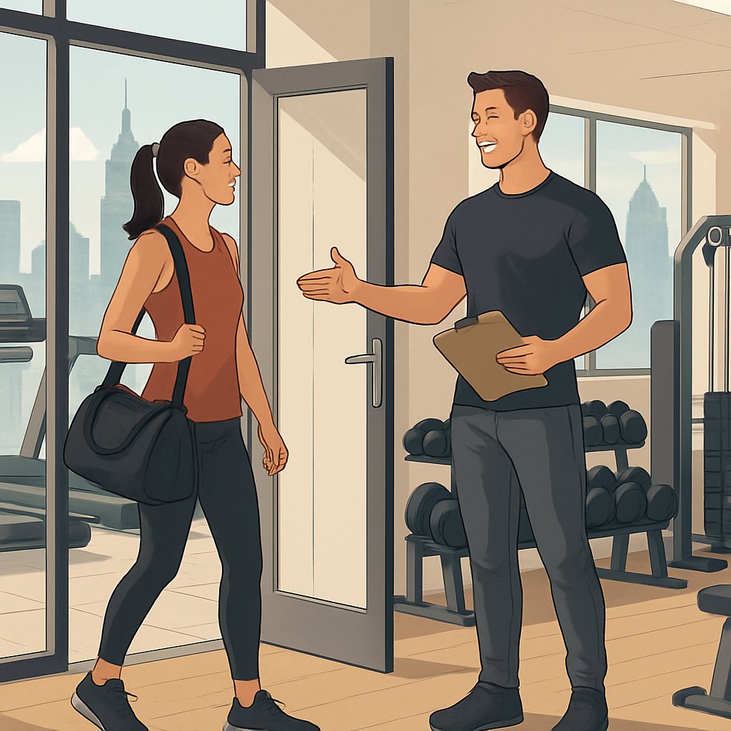 A personal trainer welcoming a new client inside a modern gym with city buildings visible through large windows.