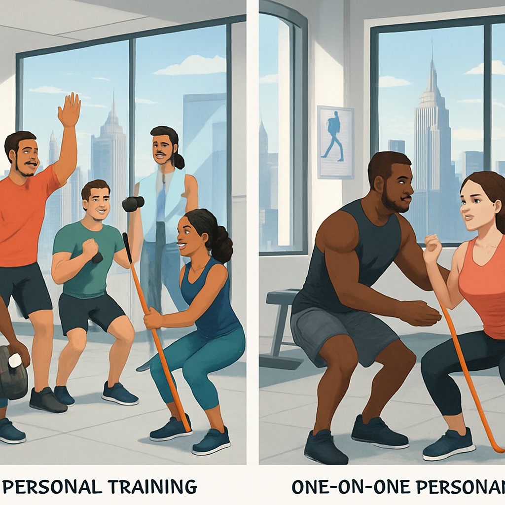 A gym scene showing a group workout with four people and a trainer on one side, and a one-on-one personal training session between a trainer and a client on the other, with the Manhattan skyline visible through large windows.