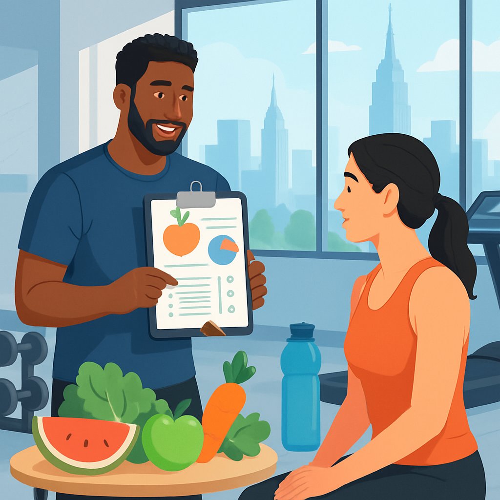A personal trainer discussing nutrition and diet plans with a client in a gym with healthy foods and gym equipment nearby.