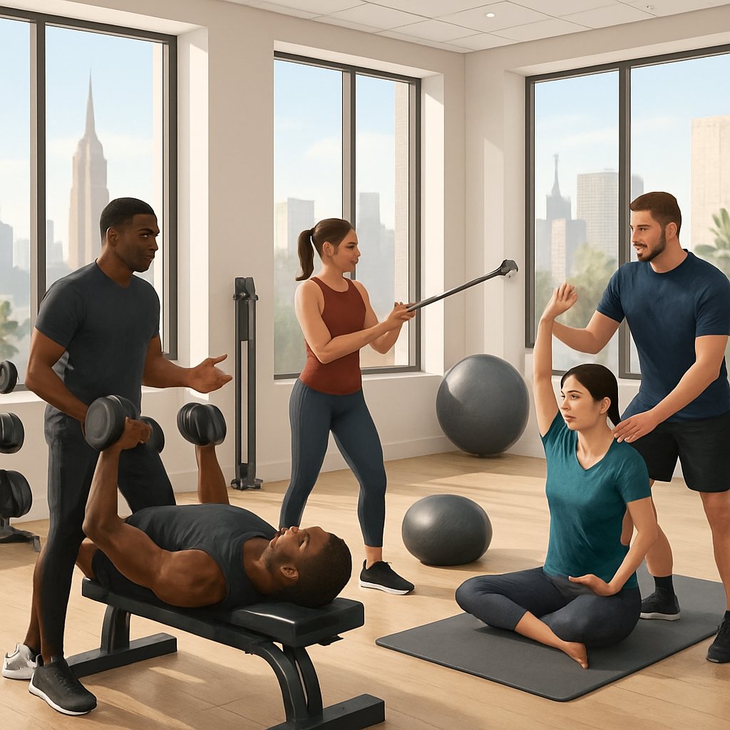 A group of people working out with personal trainers in a bright gym with large windows showing a city skyline.