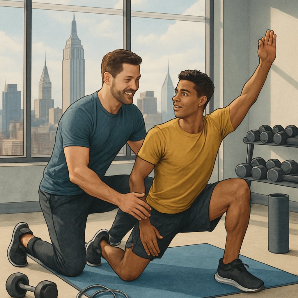 A personal trainer in a gym helping a client stretch properly to prevent injuries, with a view of Manhattan buildings through large windows.