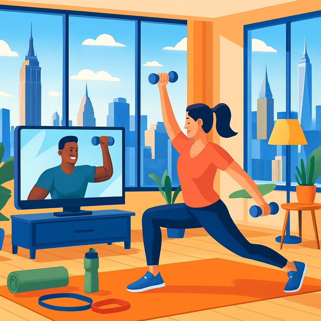 A person exercising in a modern apartment with a virtual personal trainer shown on a screen, overlooking the Manhattan skyline through large windows.