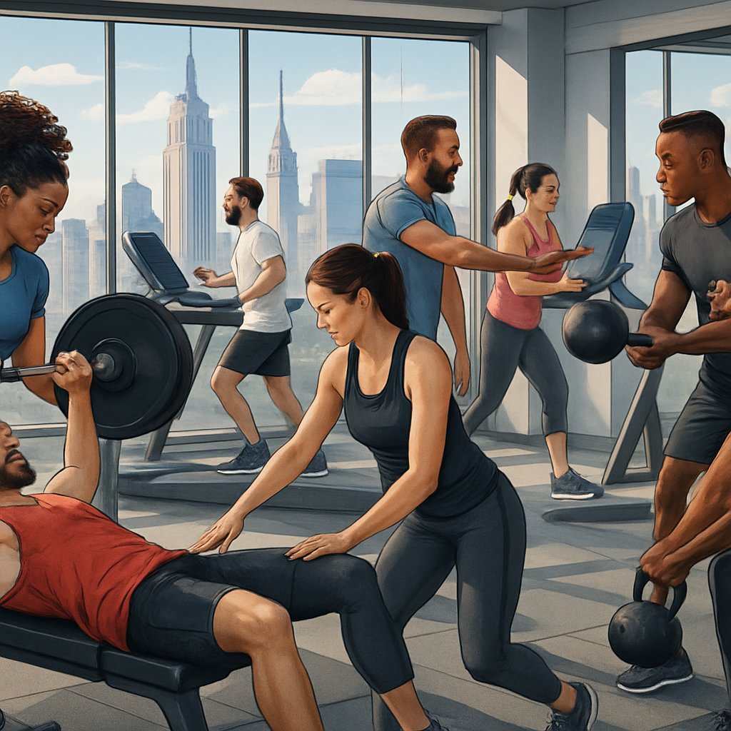 A group of personal trainers and clients exercising together in a Manhattan gym with city skyscrapers visible through large windows.