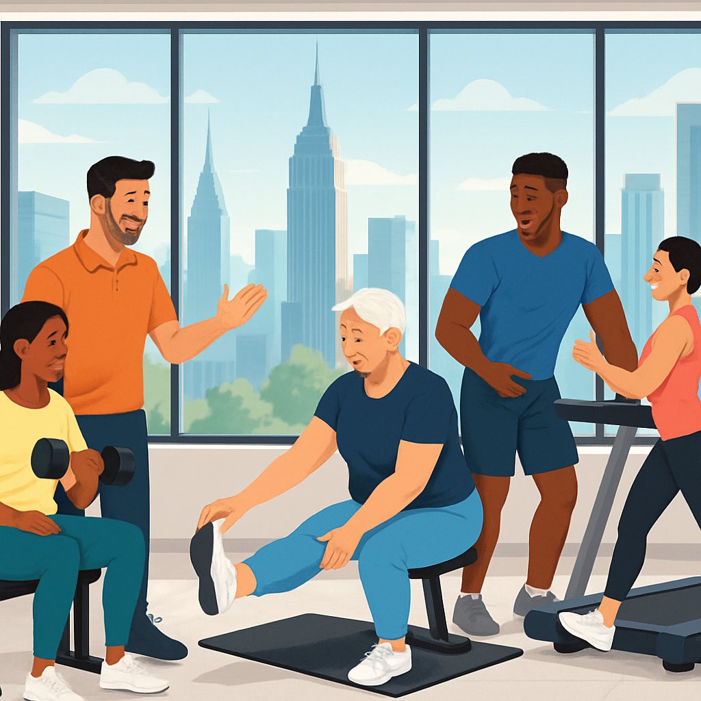 People working out with a personal trainer in a gym with a view of Manhattan skyscrapers.