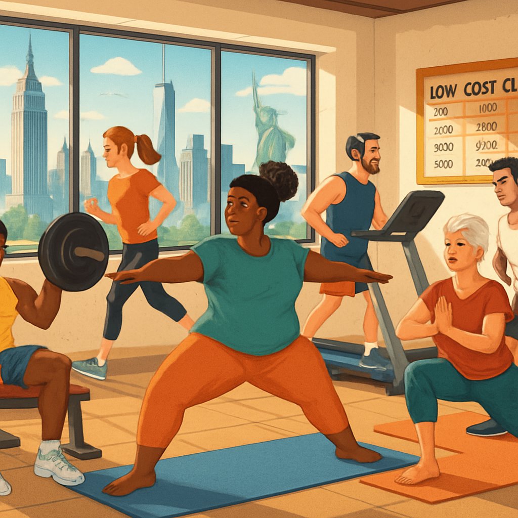People of different backgrounds exercising in a modest gym with New York City skyline visible through large windows.