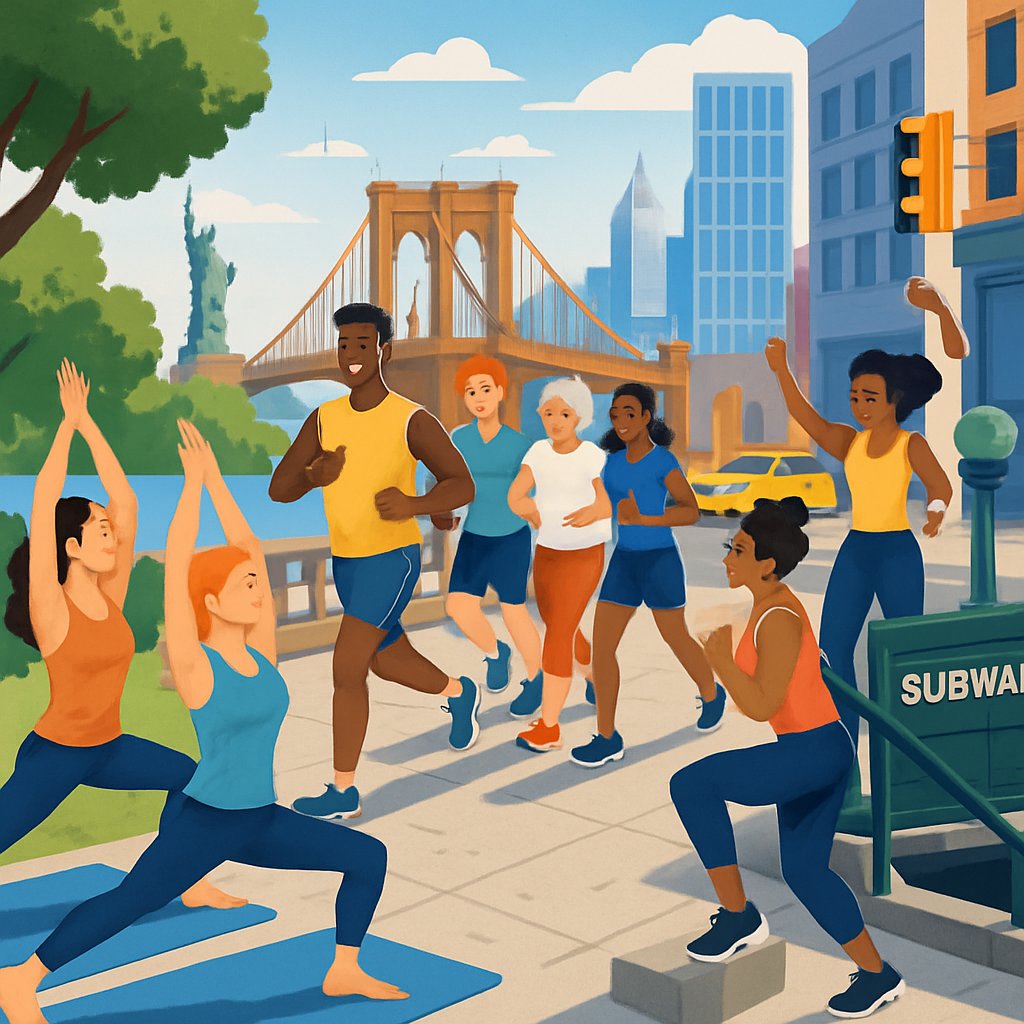 People of various ages and backgrounds exercising outdoors in different parts of New York City, including yoga in a park, running on a bridge, and group fitness on the street.