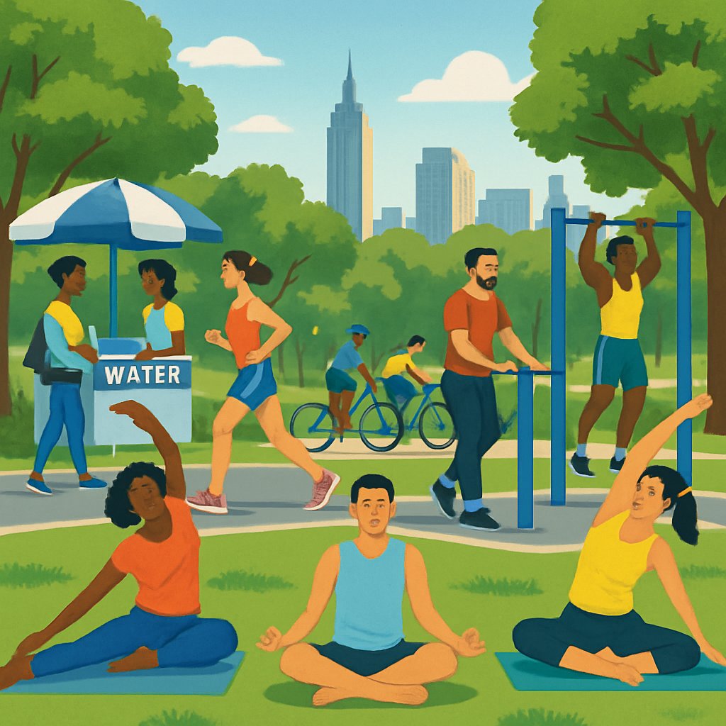 People of various backgrounds exercising outdoors in a New York City park with trees, bike paths, and city buildings in the background.