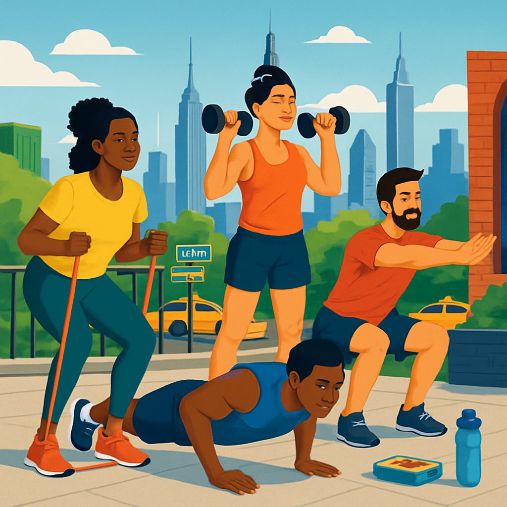 People exercising with simple equipment outdoors in a New York City park surrounded by tall buildings.