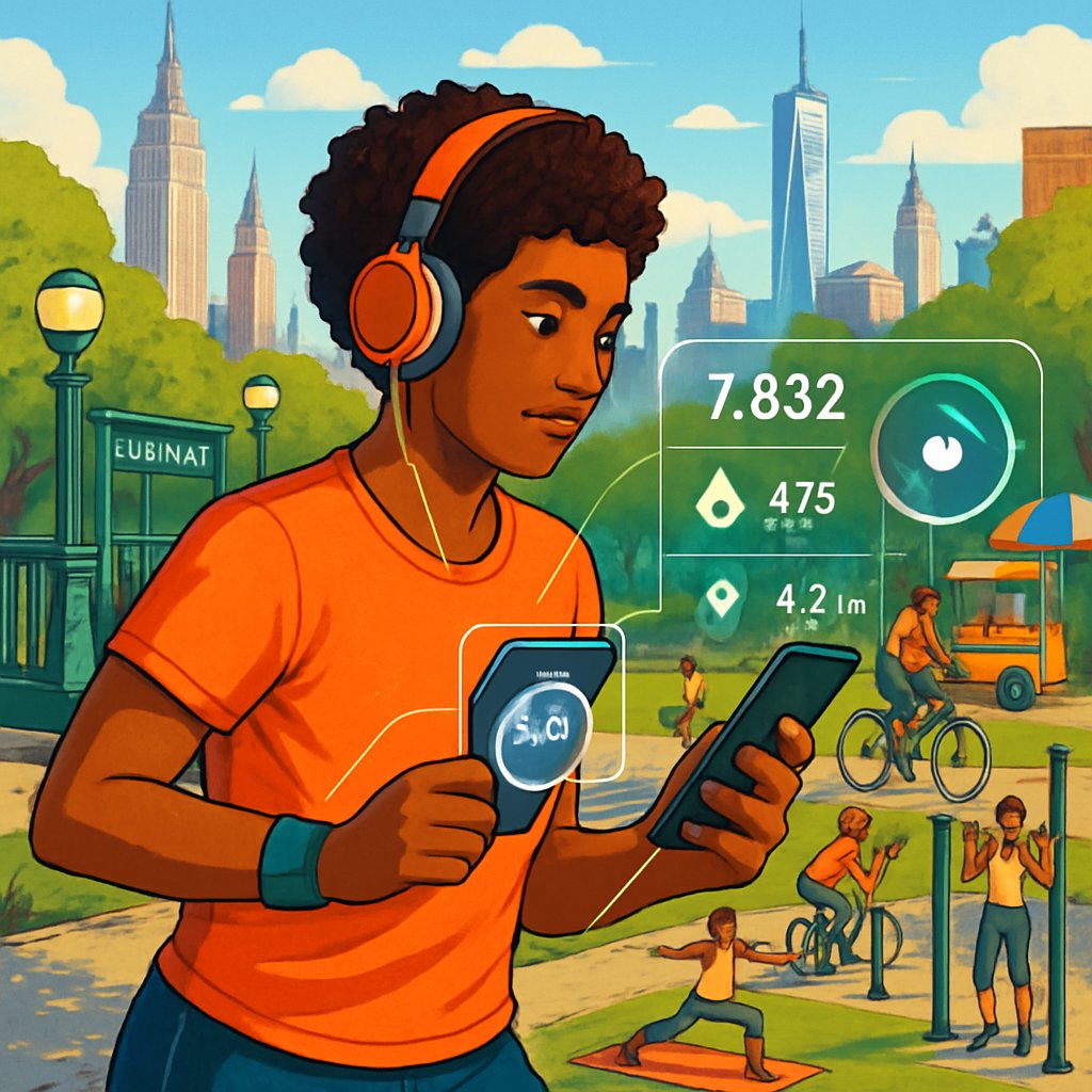 A person jogging in a New York City park using a smartphone to track fitness progress, with other people exercising nearby and the city skyline in the background.