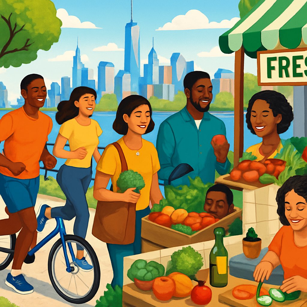People jogging, cycling, shopping at a farmer's market, and cooking healthy meals in a city park with the New York City skyline in the background.