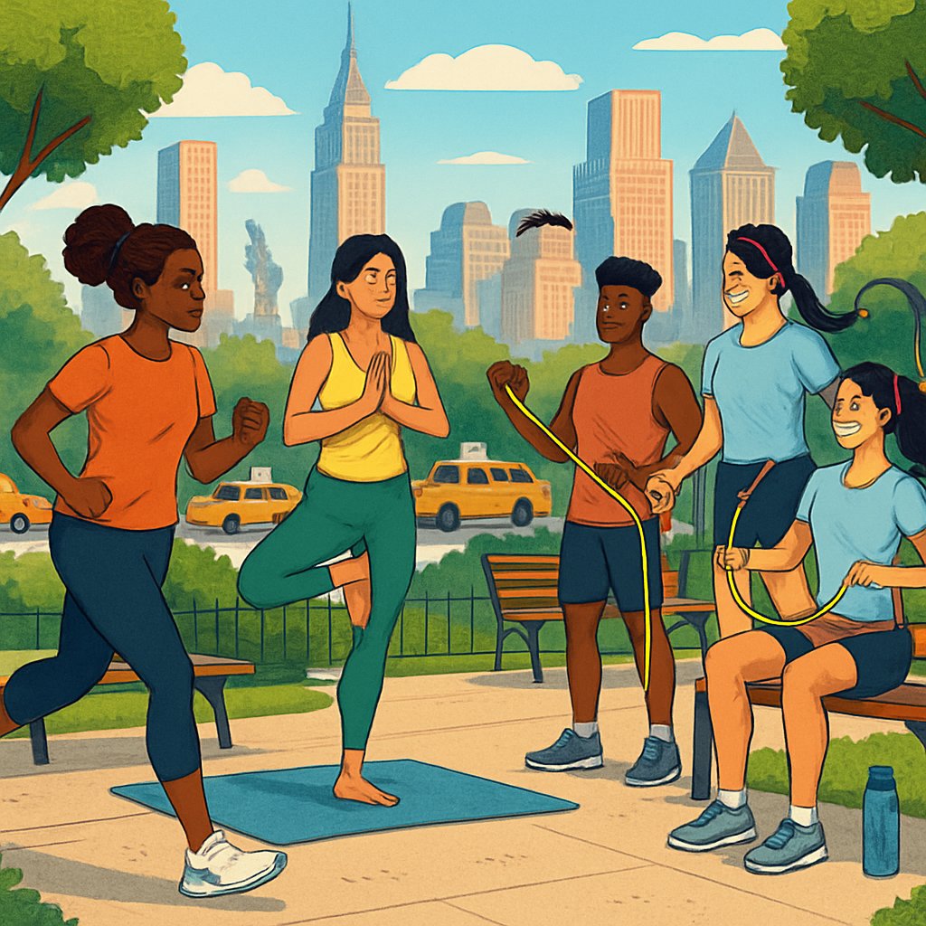 People exercising in a New York City park with skyscrapers and the Statue of Liberty in the background.