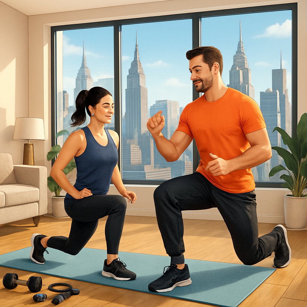 A personal trainer coaching a client exercising on a yoga mat inside a bright Manhattan apartment with city buildings visible through large windows.