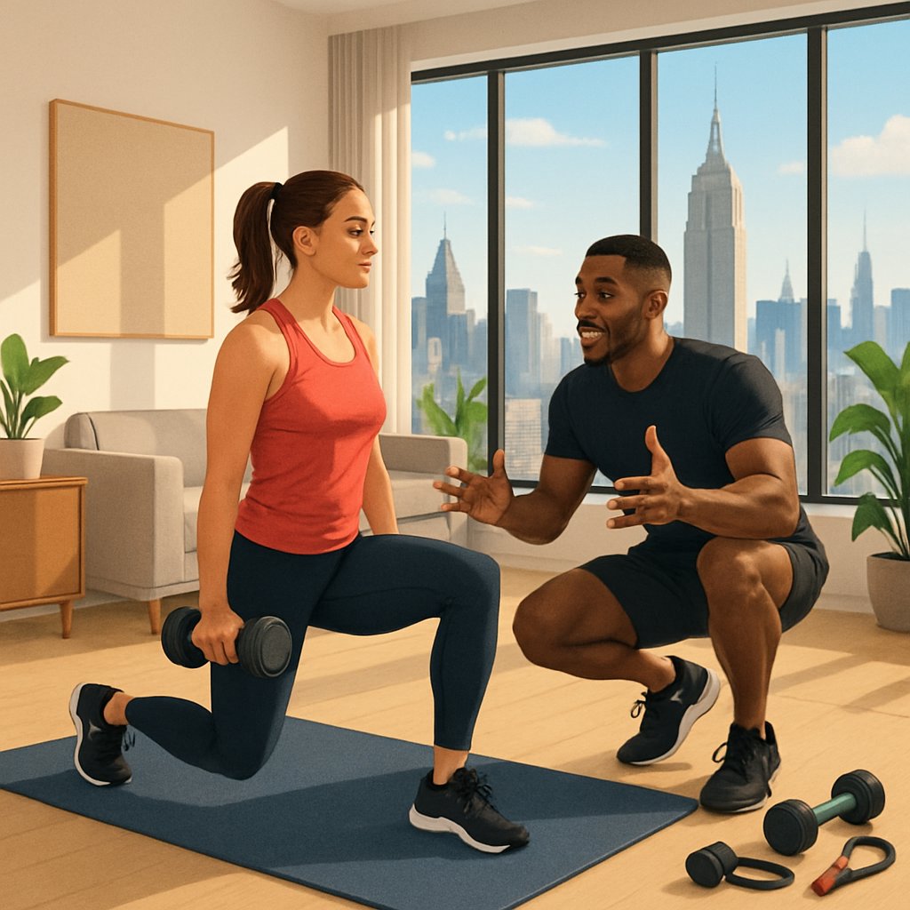 A personal trainer guiding a client through exercises in a bright Manhattan apartment with a city skyline visible through large windows.