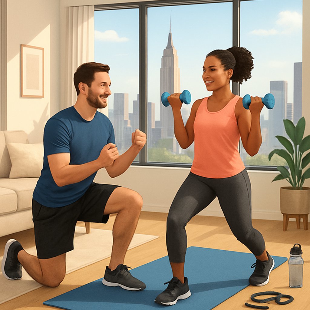 A fitness trainer guides a client through exercises in a bright Manhattan apartment with city skyscrapers visible through large windows.
