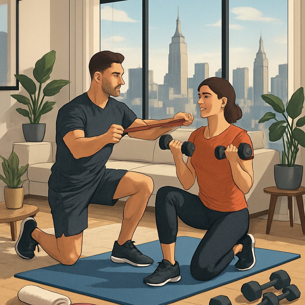 A personal trainer guiding a client through exercises in a modern Manhattan apartment living room with city views.