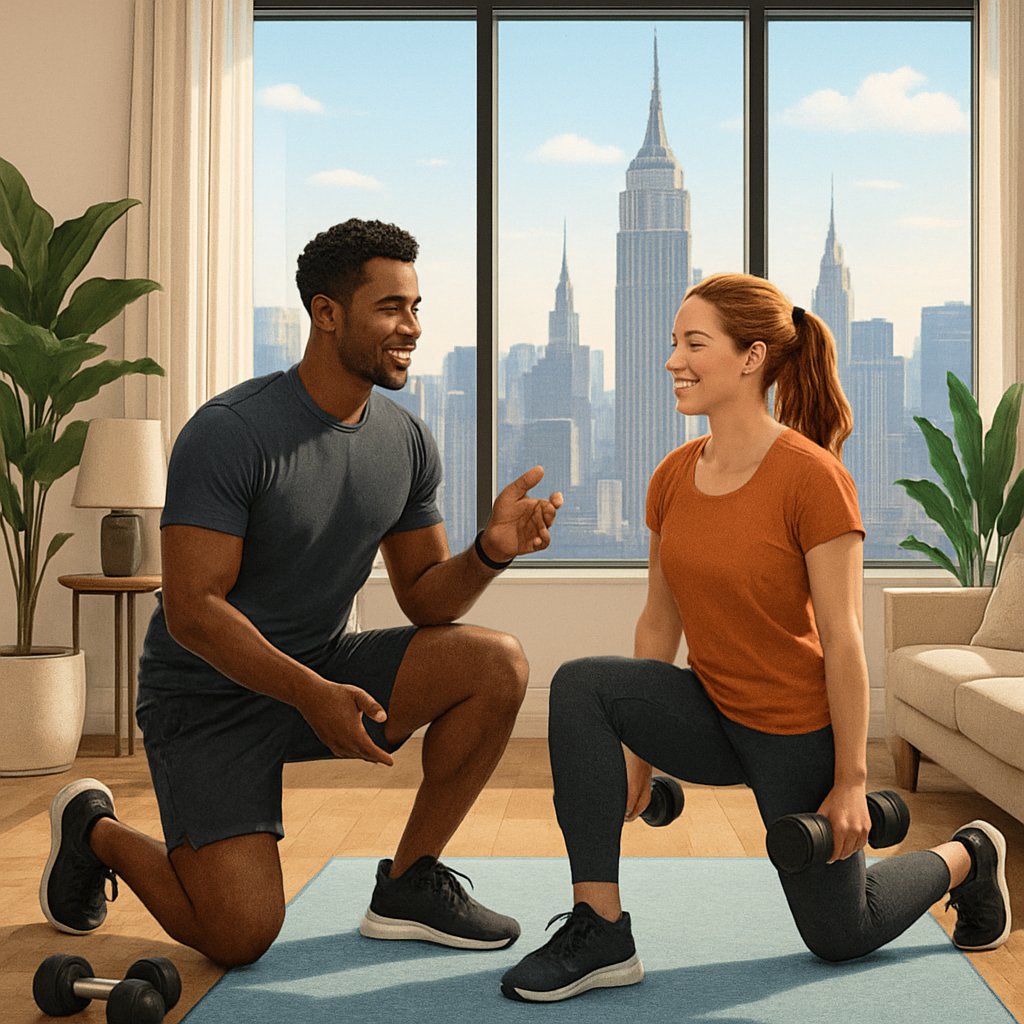 A personal trainer guiding a client through exercises inside a modern Manhattan apartment with city skyline visible through large windows.