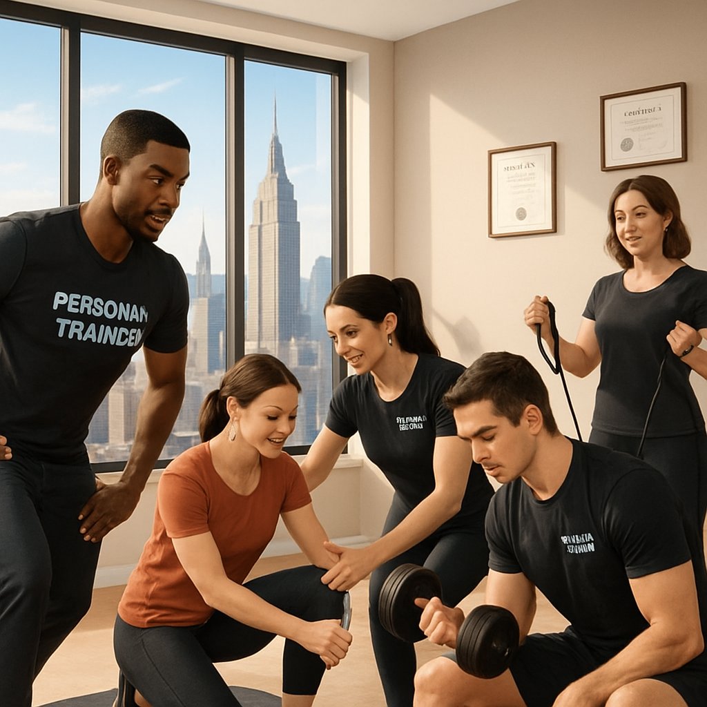 A group of personal trainers working with clients in a modern Manhattan apartment with city views.