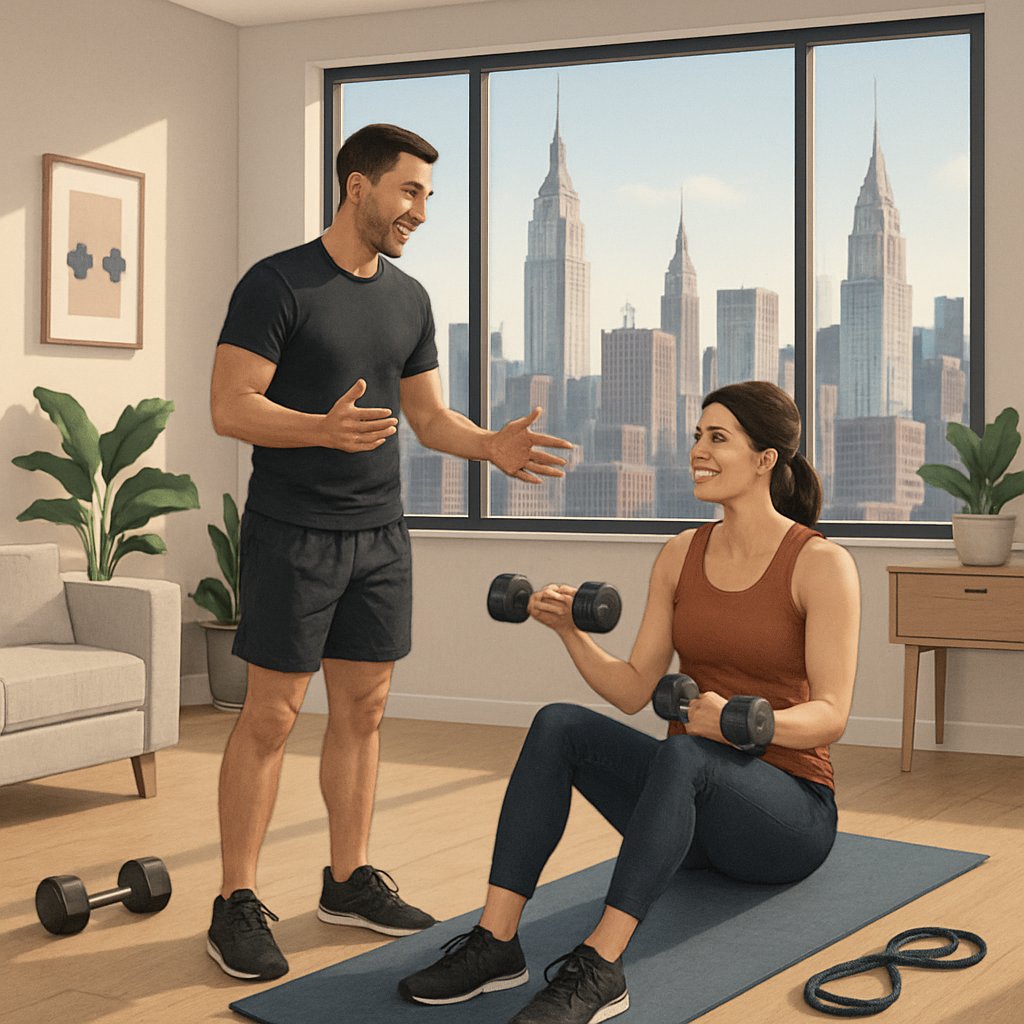 A personal trainer demonstrating exercises to a client in a modern Manhattan apartment with large windows showing the city skyline.