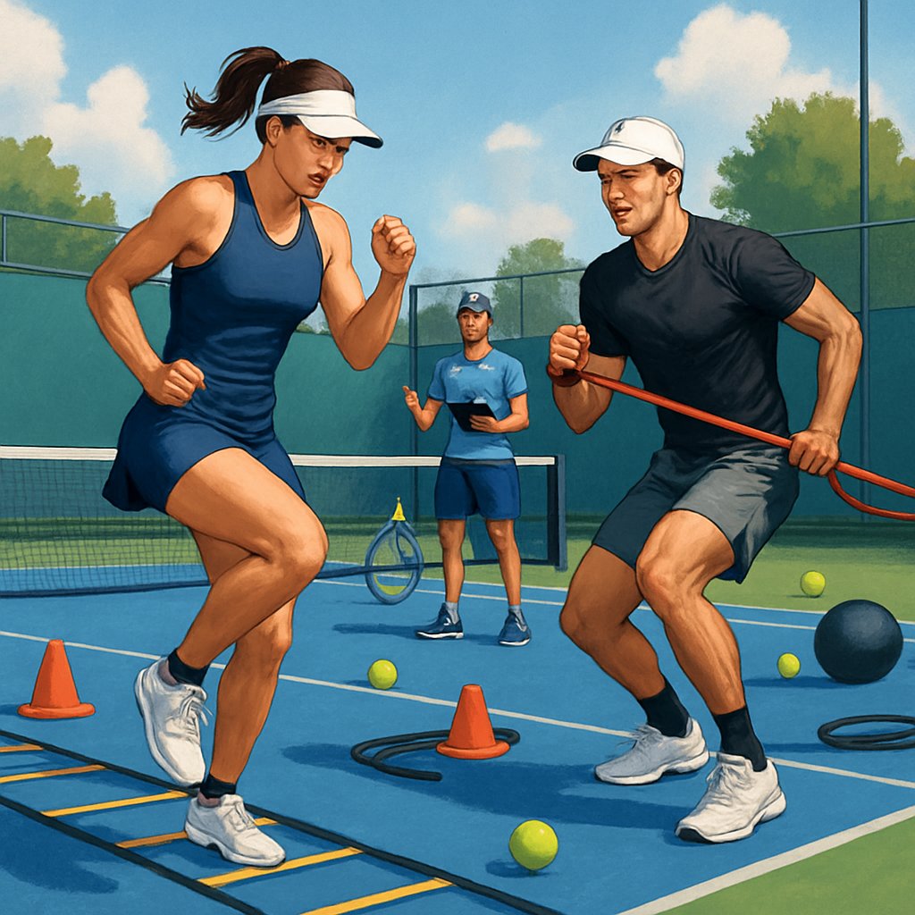Two tennis players training on a court with a coach watching, surrounded by fitness equipment like cones and resistance bands.