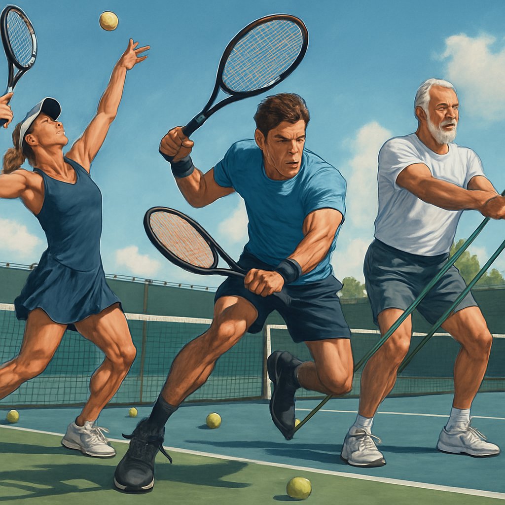 Tennis players of different ages training intensely on a tennis court, performing serves, agility drills, and strength exercises.