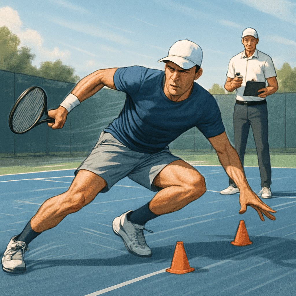 A tennis player quickly changing direction on a tennis court while a coach watches nearby.