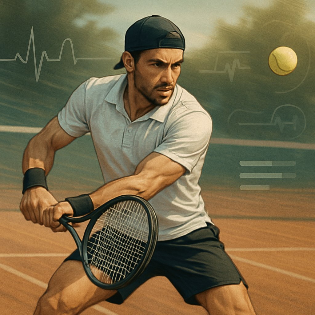 A tennis player hitting a forehand shot on a tennis court, showing focus and endurance during a match.