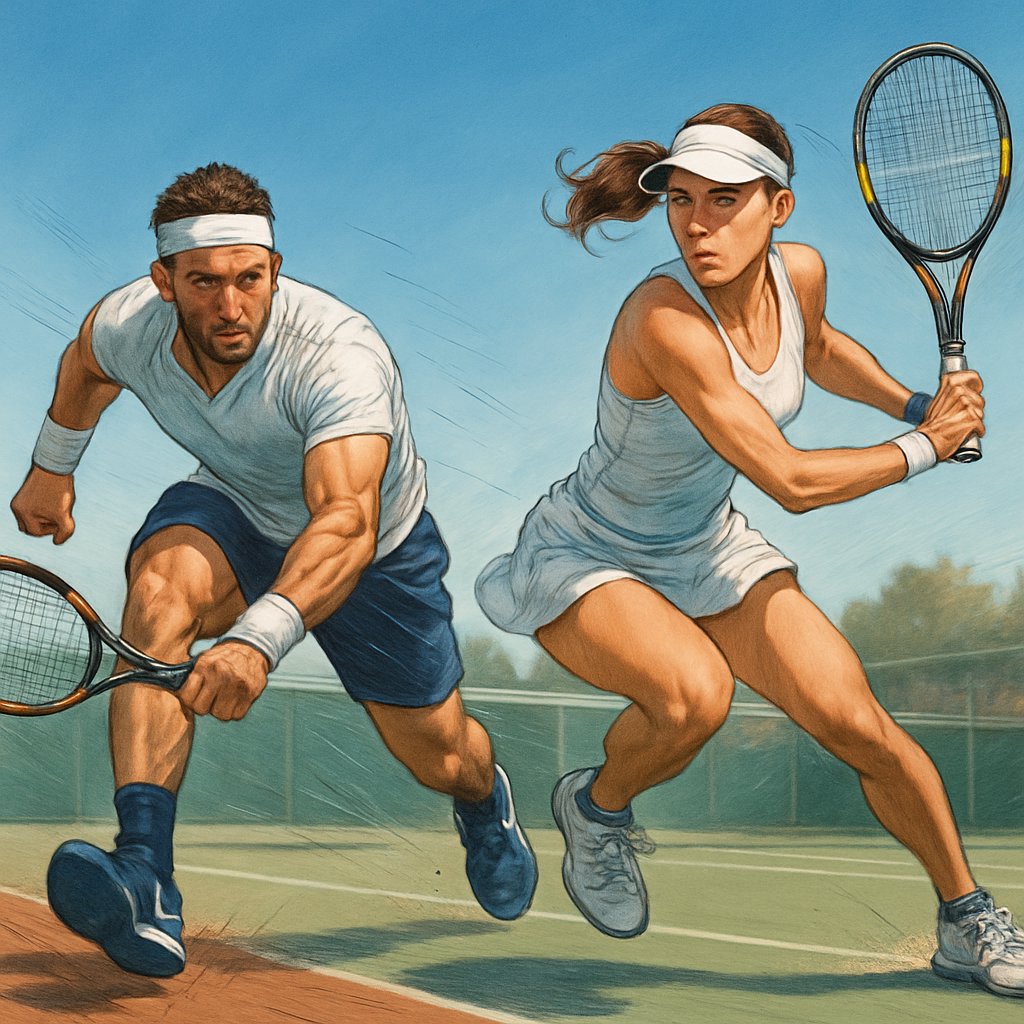 Two tennis players performing explosive and quick movements on a tennis court during training.