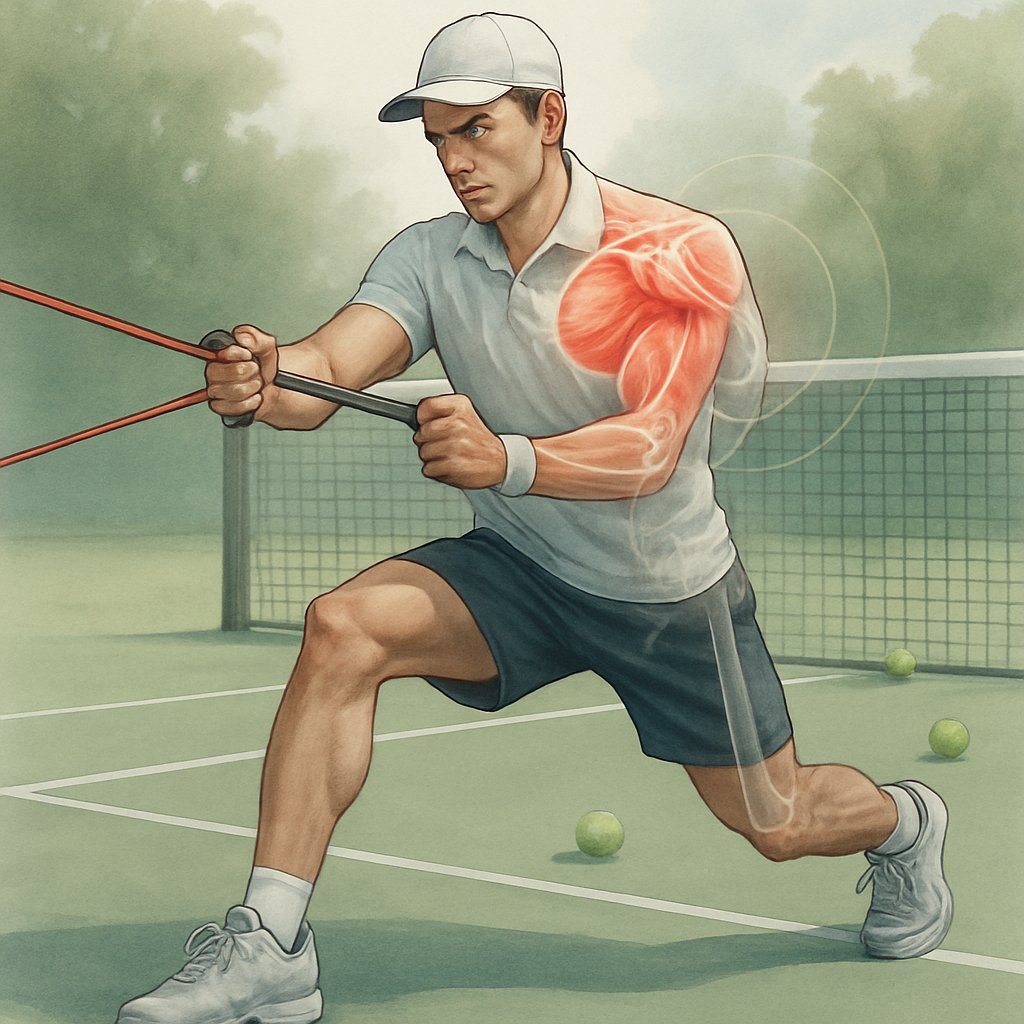 A tennis player doing shoulder exercises on a tennis court with anatomical highlights on the shoulder area.
