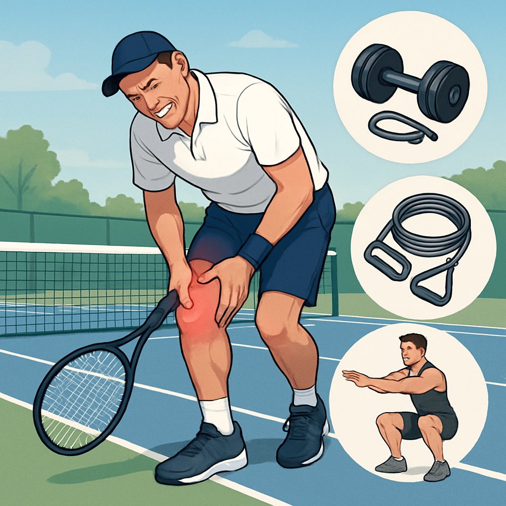 A tennis player on a court holding his knee in pain with strength training equipment and a trainer nearby.