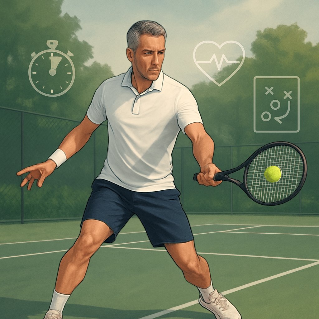 A mature tennis player practicing a controlled forehand stroke on an outdoor tennis court with fitness and strategy elements around them.