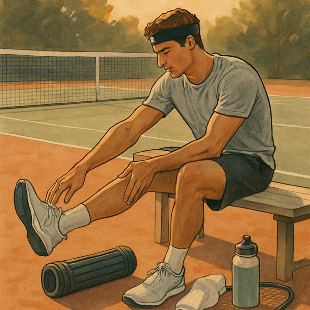 A tennis player sitting on a bench by a tennis court, stretching their leg muscles with recovery tools nearby.