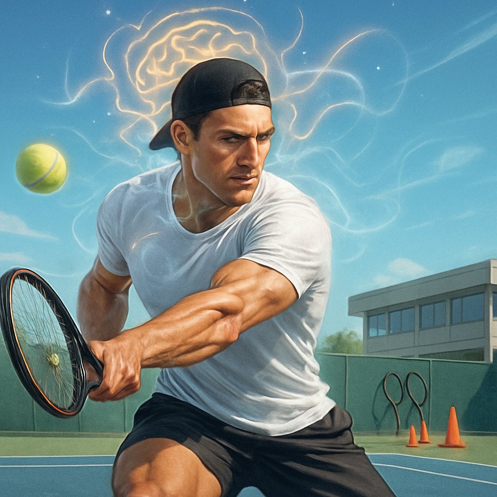 A tennis player intensely focused and physically prepared, playing on an outdoor court with training equipment visible in the background.