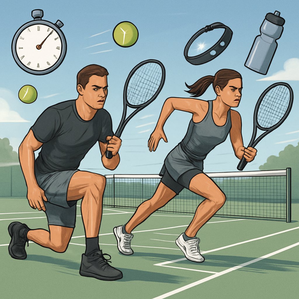 Two tennis players performing fitness exercises on a tennis court with training equipment around them.