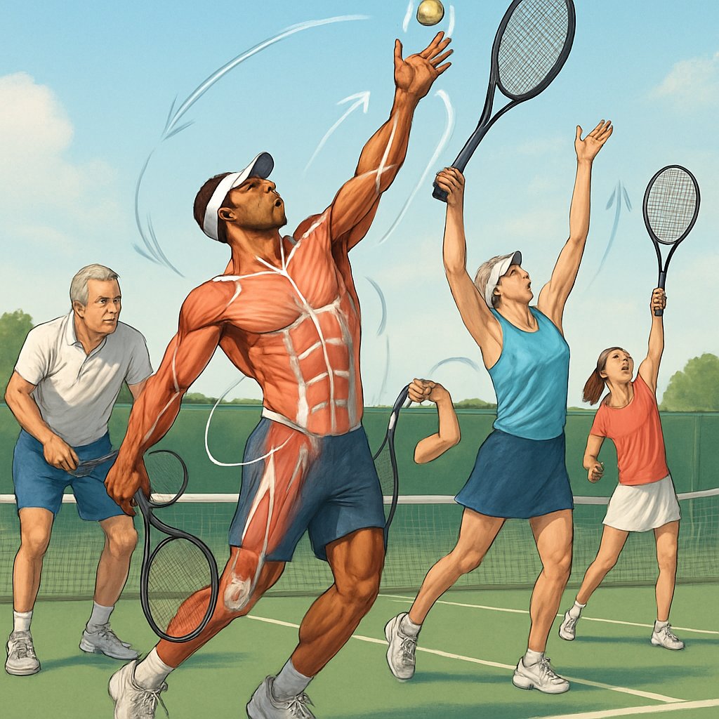 Tennis players of different ages performing a powerful serve on a tennis court, with highlights showing muscle engagement and motion direction.